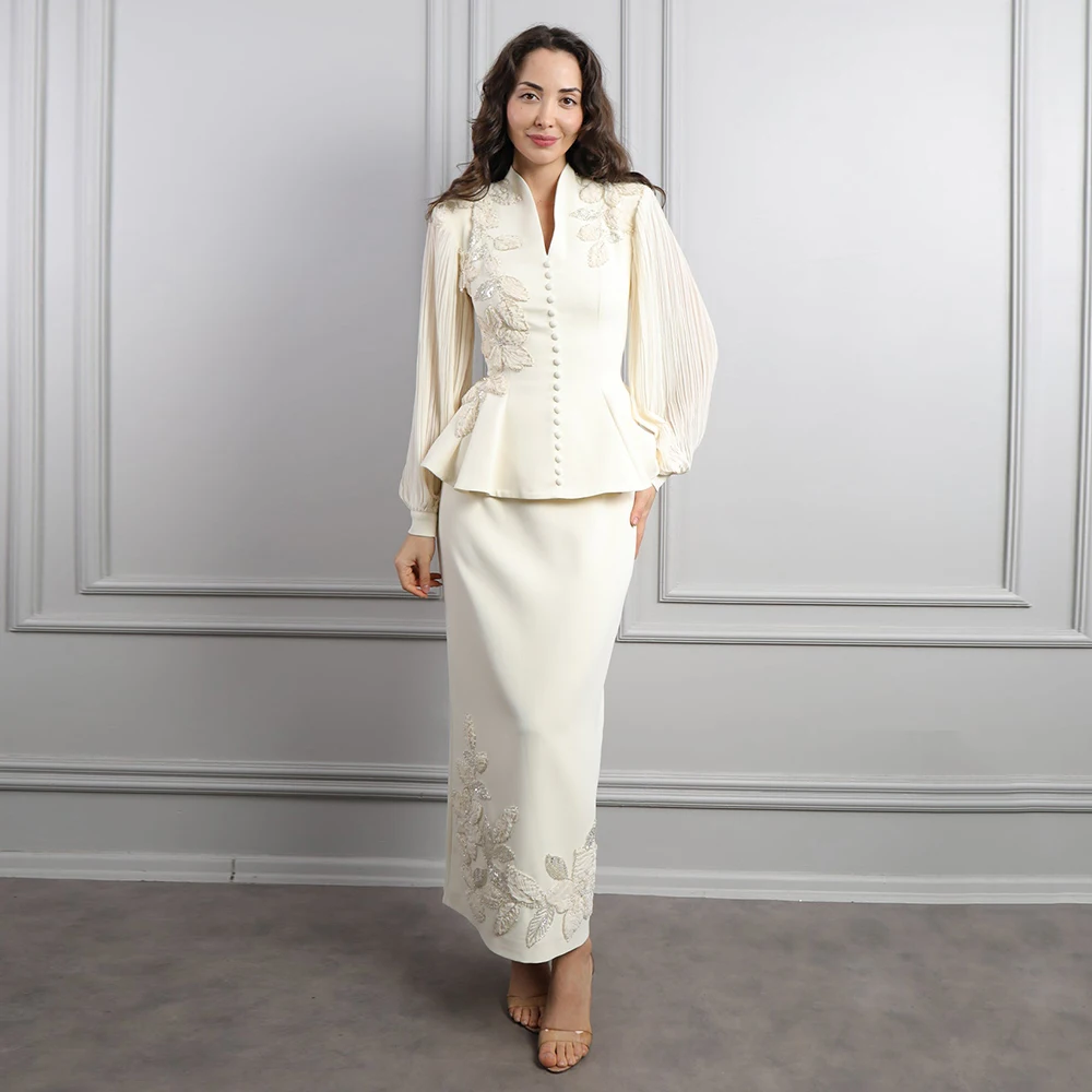 

Cocktail Dress 2 Pieces Beading Applique Ankle Length Luxurious Cocktail Gowns for Women Puff Sleeves Column Maxi Party Dresses