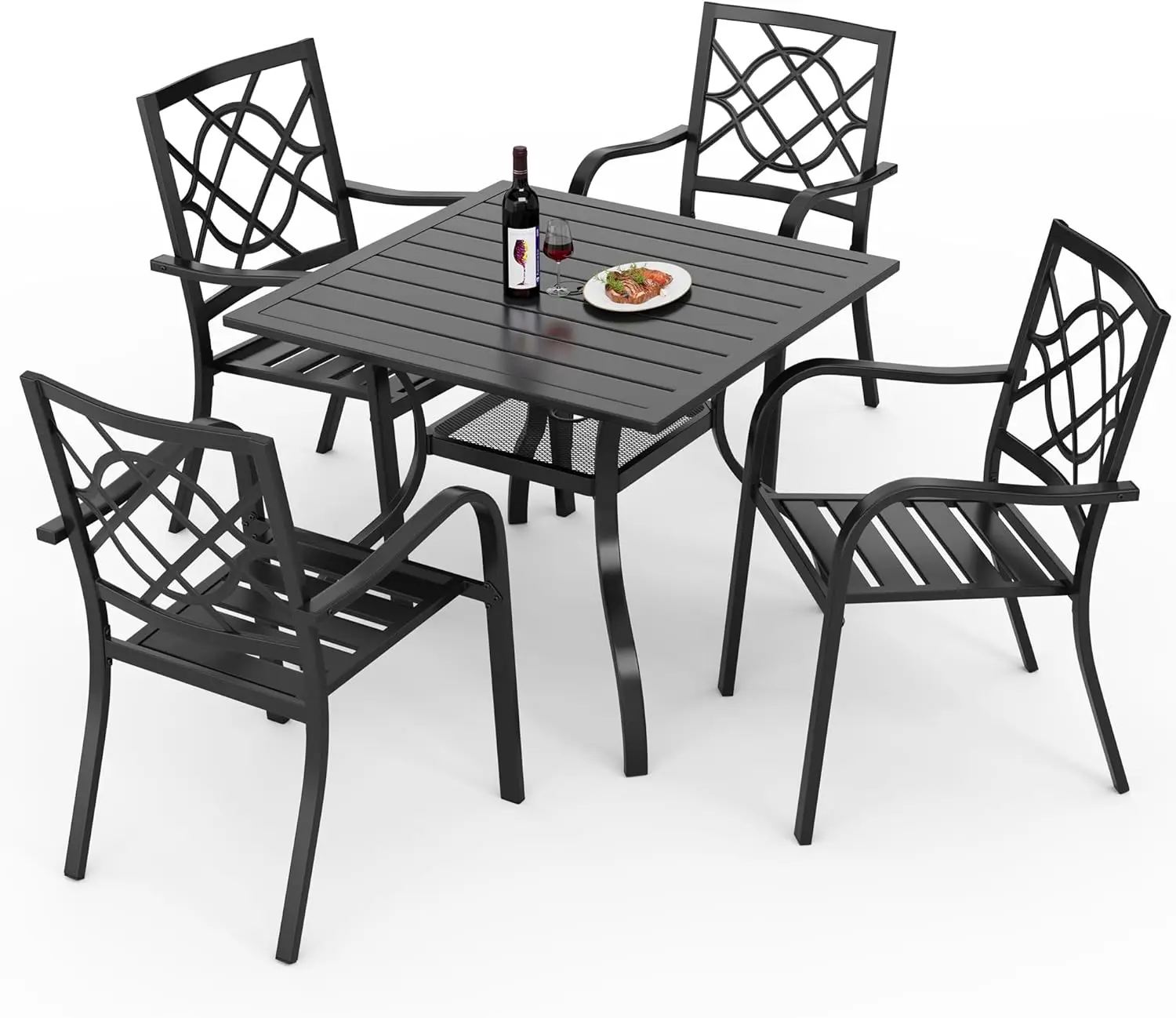 Classic Black Metal 5-Piece Outdoor Dining Set for Backyard, Lawn, Garden with Stackable Chairs and Umbrella Hole