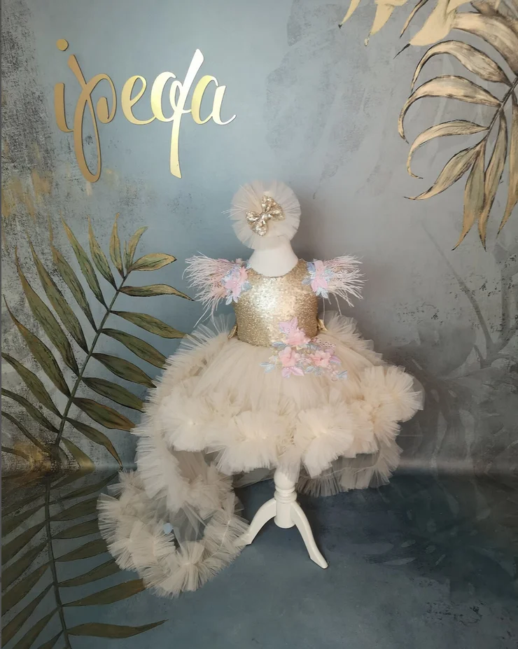 Robes de demoiselle d'honneur en tulle champagne pour enfants, paillettes dorées, robe papillon, mariage, fête d'anniversaire, nœud, plume, première communion