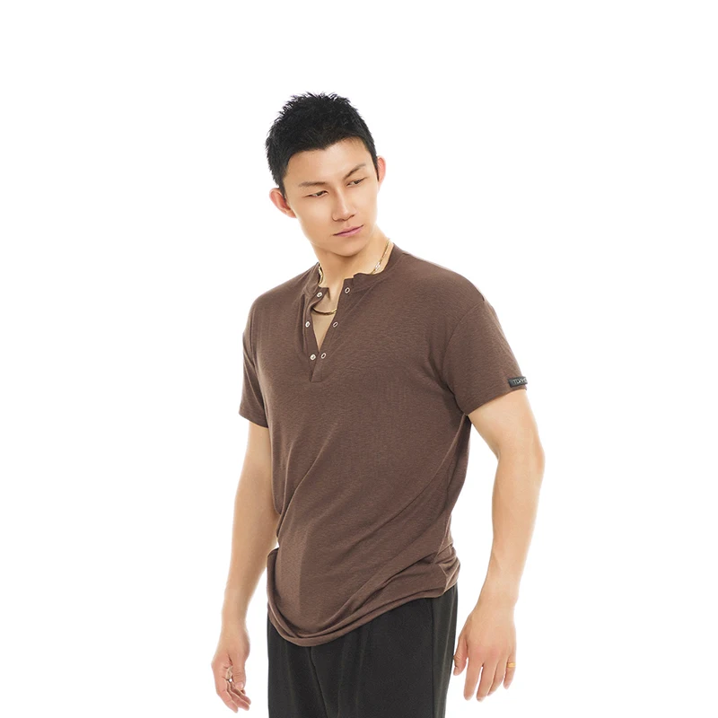 2025 chemises à manches courtes adulte mâle danse latine Performance Costumes pour hommes Chacha Rumba Tango robe danse latine hauts DQS19698