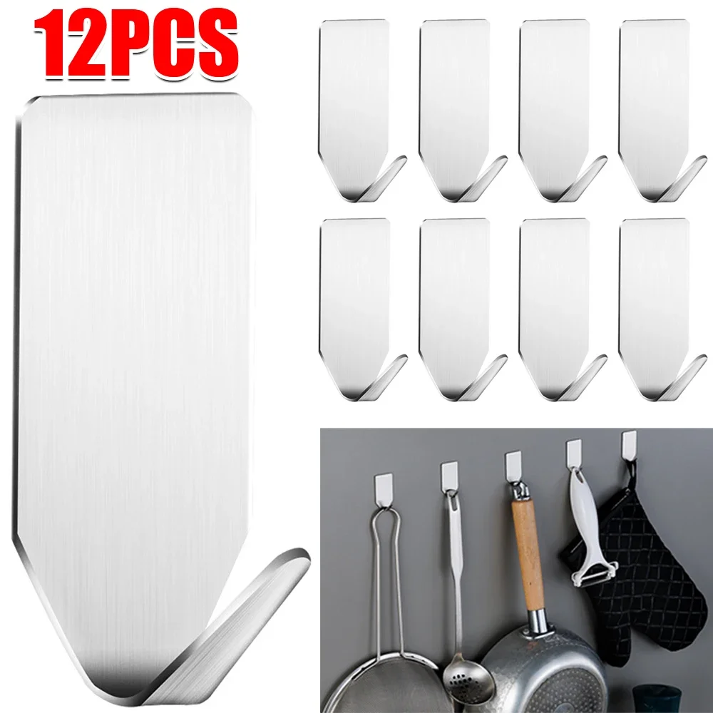 12/1pcs Self Adhesive Mini Hooks Multi-function Stainless Steel Punch Free Towel Clothes Rack Kitchen Bathroom Organizer Holder