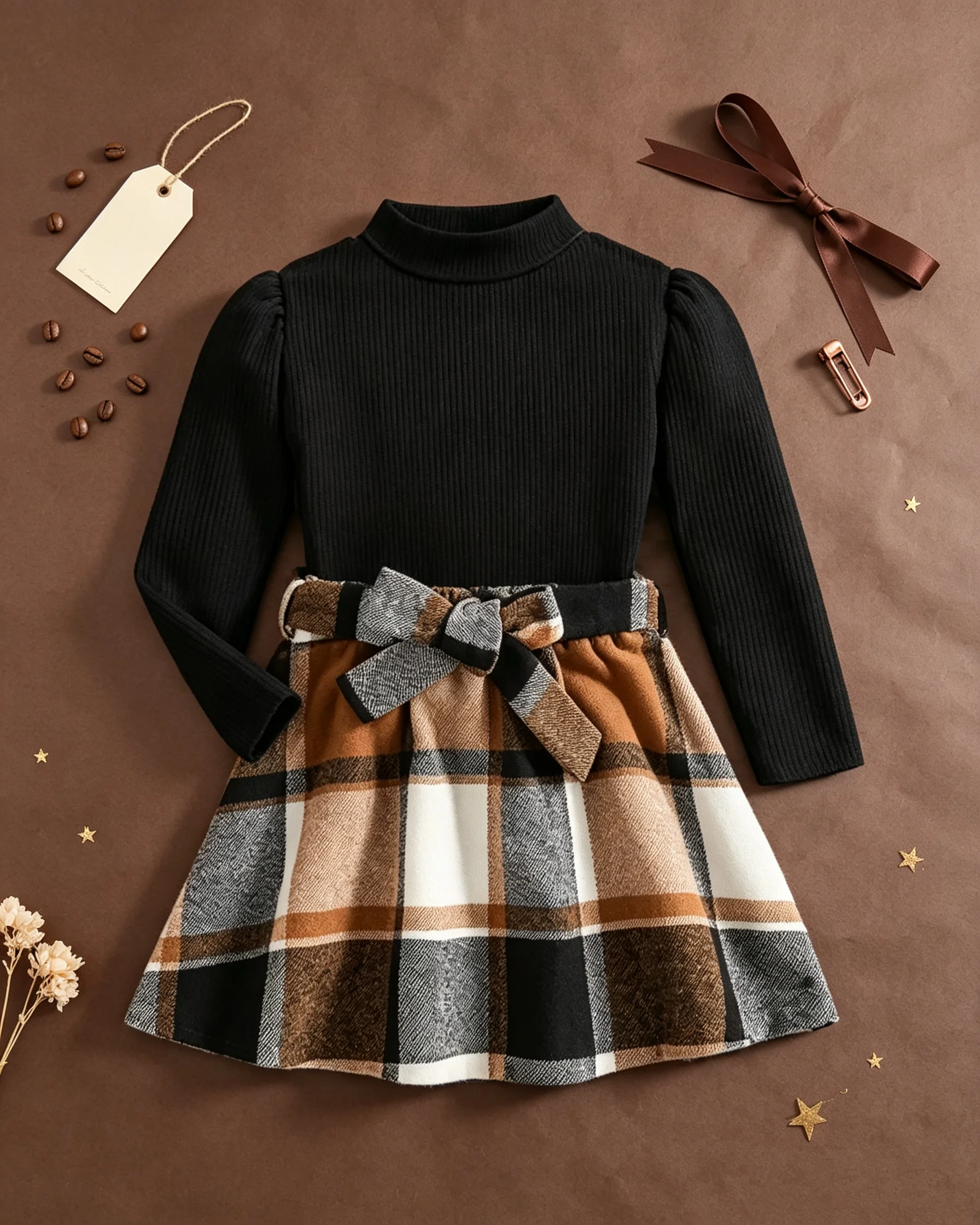 Two piece set, imitation nekc long sleeved top+plaid skirt - Spring and Autumn outdoor clothing, girls' set