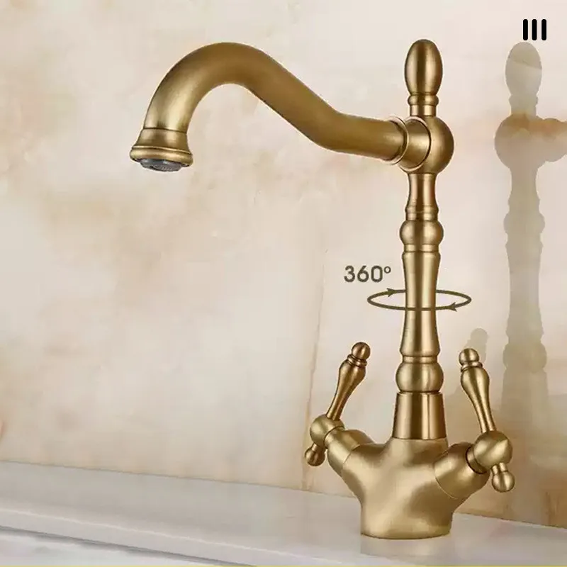 العتيقة حوض صنبور الساخن الباردة بالوعة الحمام خلاط النحاس الكلاسيكية المزدوج رافعة مرحاض الحنفية دوران صنبور مصرف مزين #5