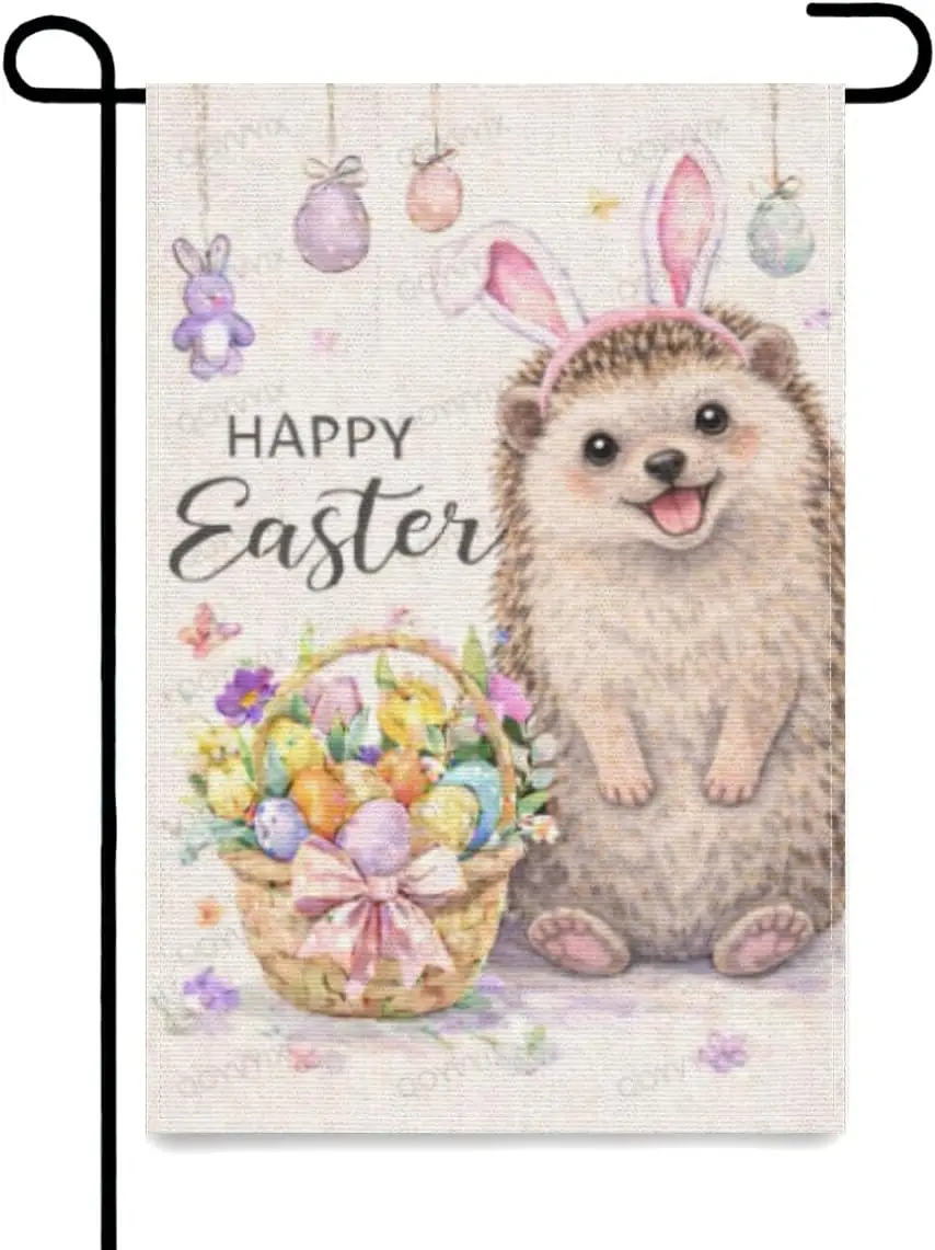 Happy Easter Garden Flag Hedgehog with Bunny Ears and Easter Eggs Double Sided Outside Yard Decoration Small Yard Flag 12x18 ZZM