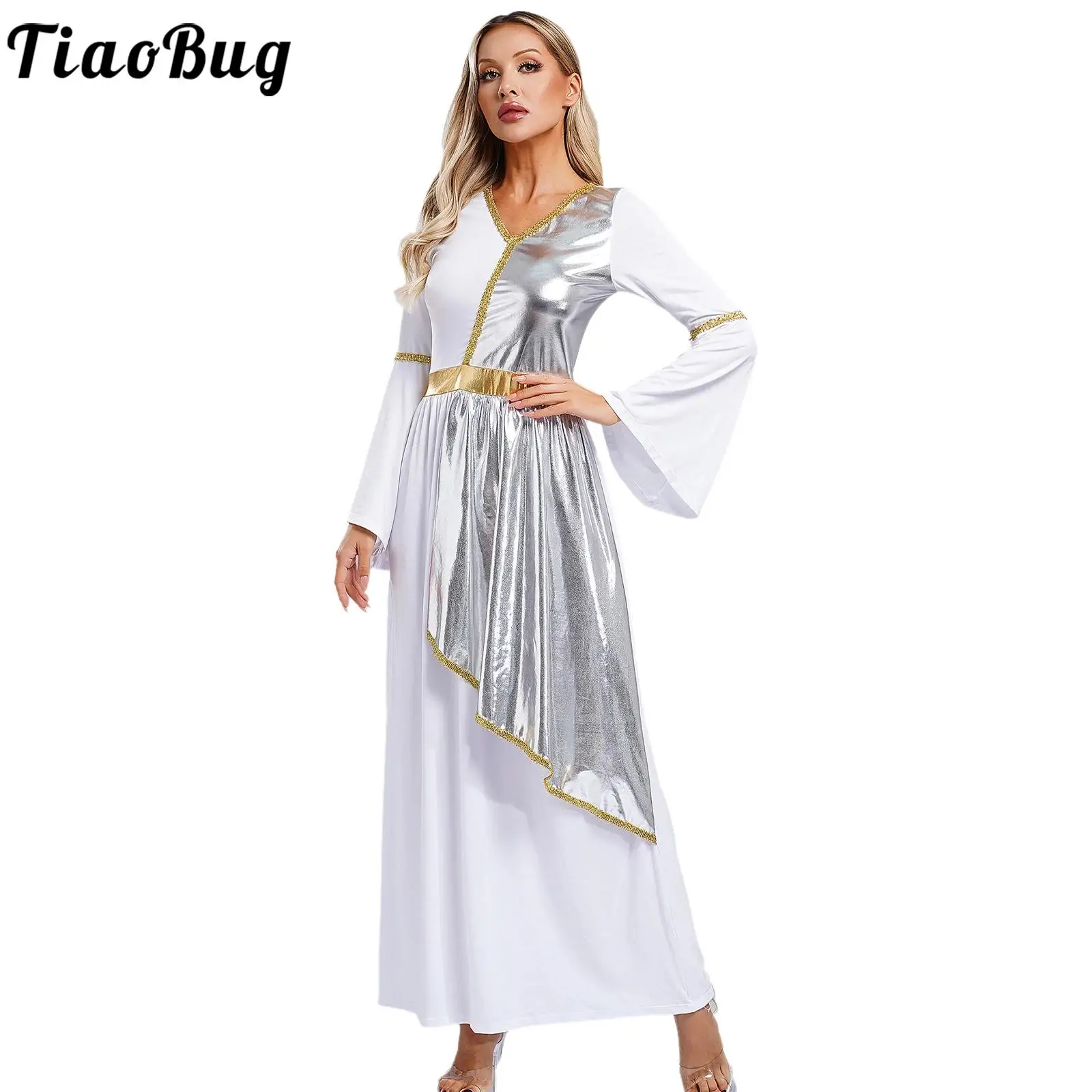 

Womens Ancient Greek Princess Toga Tulle Dress Lyrical Long Dress Overlay Gold Trim Robe for Halloween Carnival Cosplay Costume