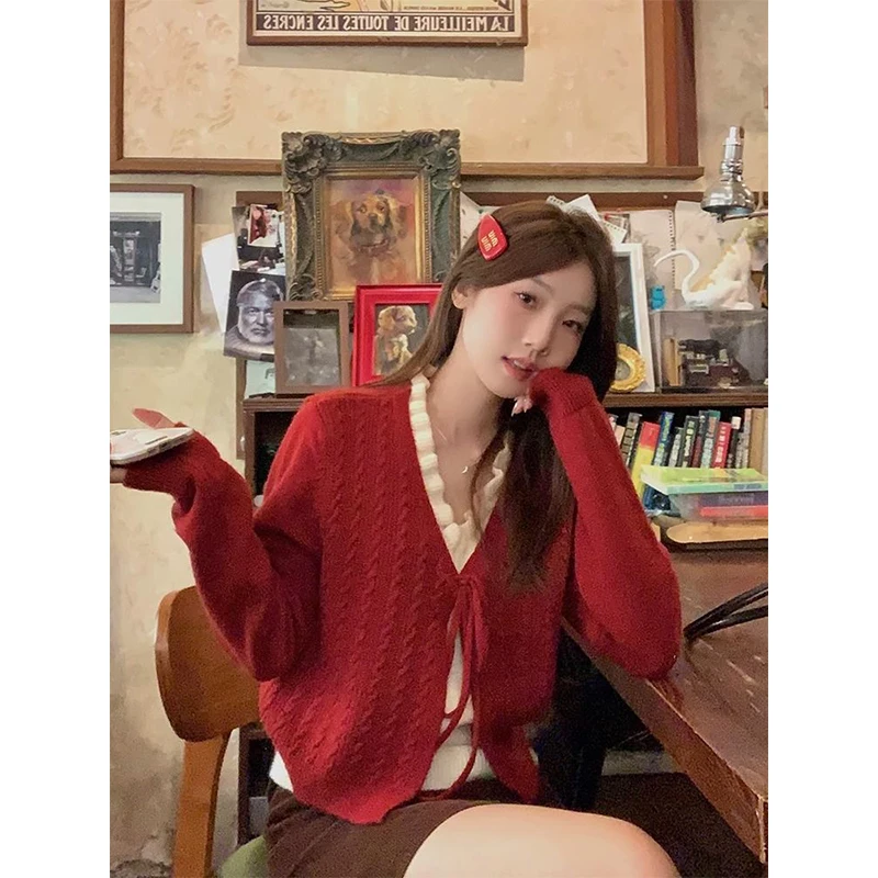 

V-neck Patchwork Knitting Cardigan Women Autumn Winter Fashion Lacing Solid Color Sweater Office Lady All-match Knitwear Tops