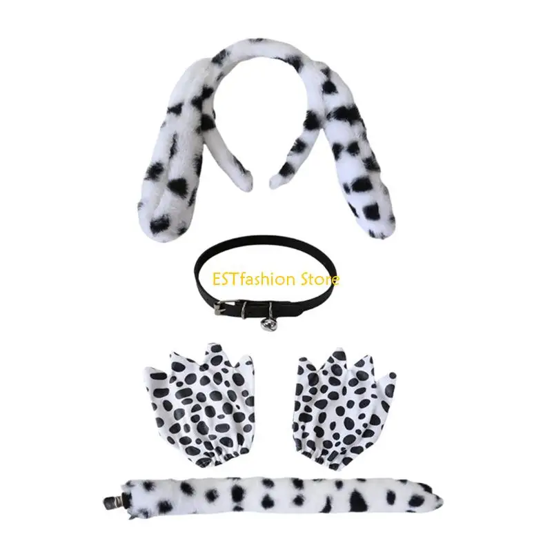 

Y5GC Dalmatian Puppy Ear Headband Bells Choker Gloves Tail Halloween Cosplay Costumes