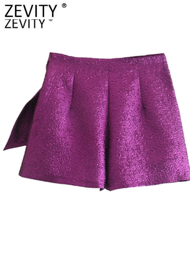 ZEVITY New Women High Street Bow Decoration Texture Purple Shorts Skirts Lady Zipper Fly Hot Shorts Chic Pantalone Cortos QUN938