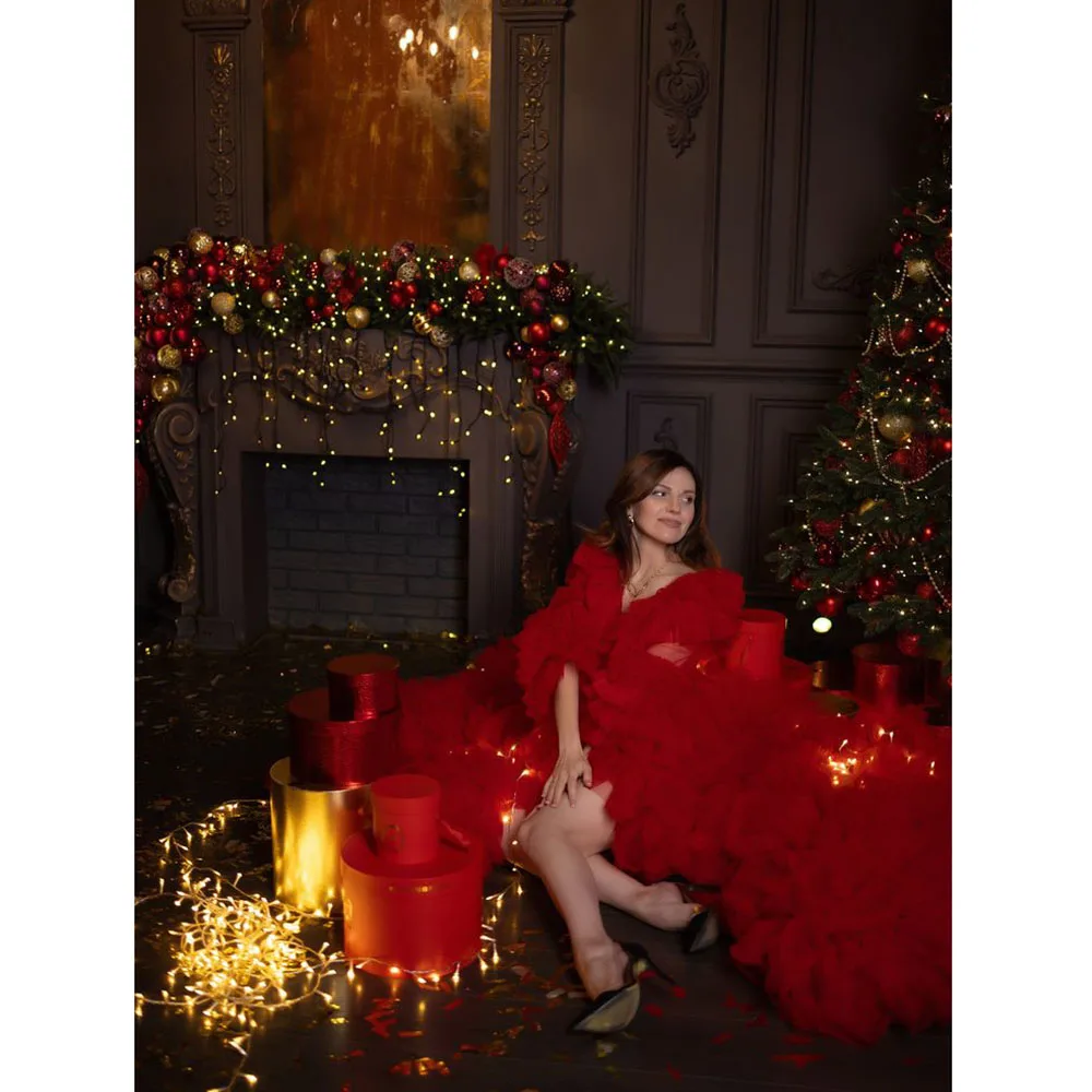 Exquisite Red Women Christmas Party Dresses A-line Floor Length Side Split Half Sleeves Illusion Sexy Elegant Female Prom Gowns