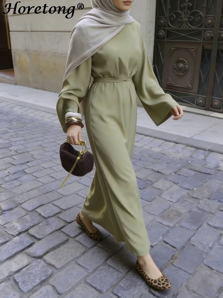 

Horetong 2026 Muslim Abaya Women Dress Round Neck Flare Long Sleeve Belted Waist Comfort Modest Islamic Casual Elegant Maxi Robe