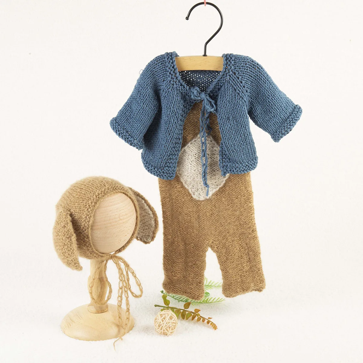 Vintage Knit Stretch Moherowy zestaw ubrań Overal Baby Romper Hat Outfit Bonnet And Diaper Set Newborn Photography Props