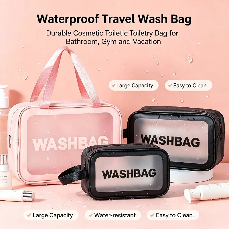 New Transparent Three Piece Makeup and Toiletries Bag, Large Capacity Pvc Semi Transparent Frosted Portable Storage Bag