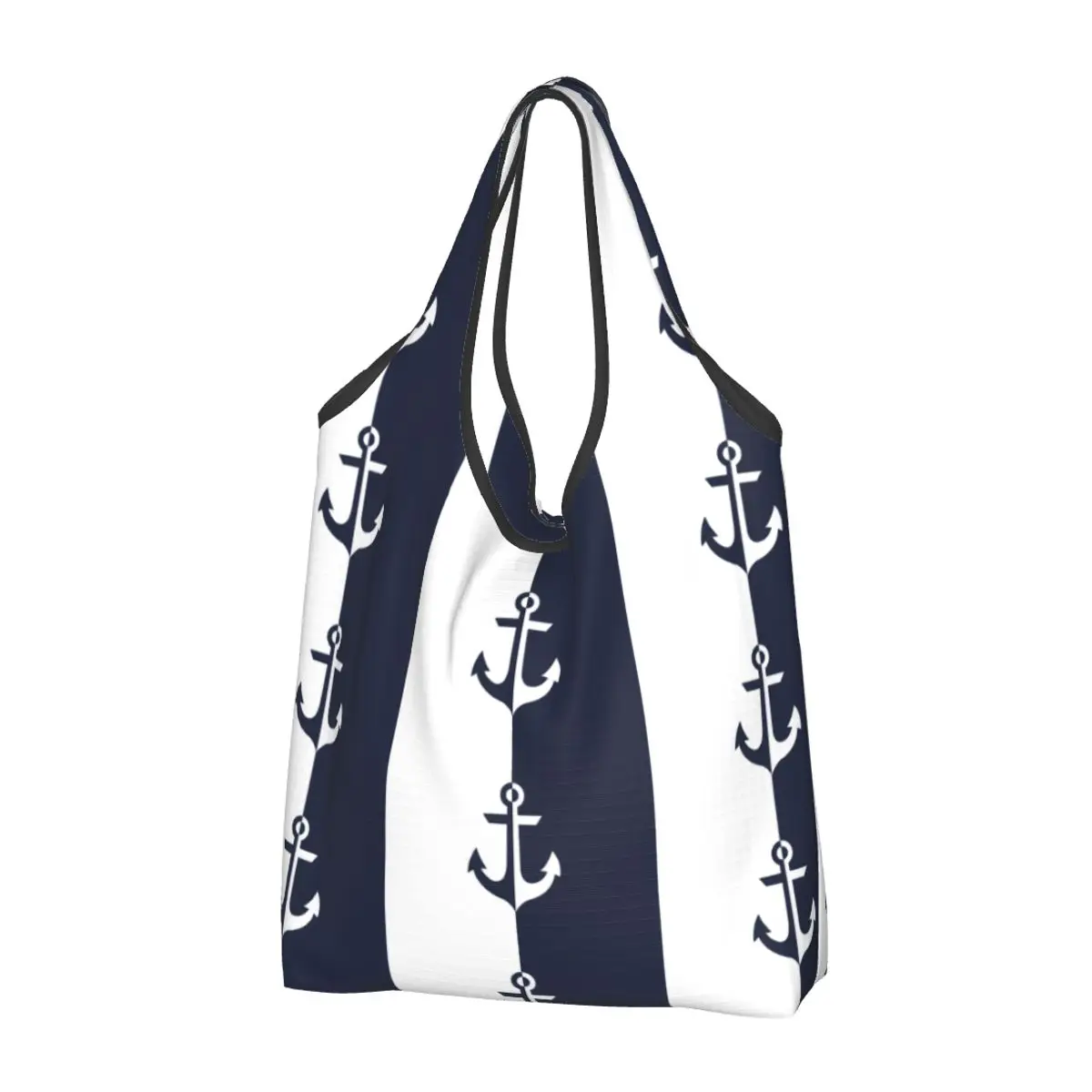 Nautical White Navy Blue Anchor Groceries Shopping Bags Fashion Shopper Shoulder Tote Bag Big Capacity Portable Handbag