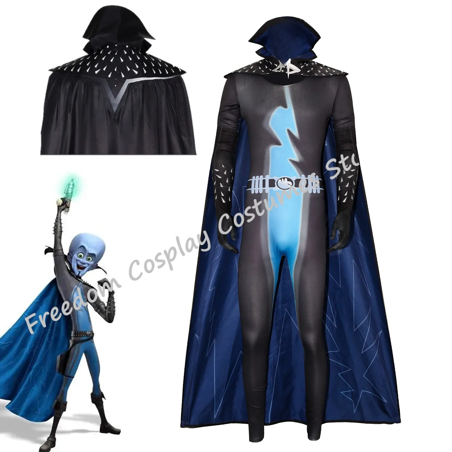 

Adult Megamind Cosplay Costume Anime Movie Superhero Bodysuit With Cape Men's Halloween Carnival Party Role Play Clothing