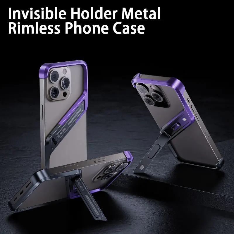 Fashion Anti-Fall invisible Bracket Phone Case For IPhone15 16ProMax Luxury Aluminum alloy Phone Cover For iPhone 14Pro 16promax