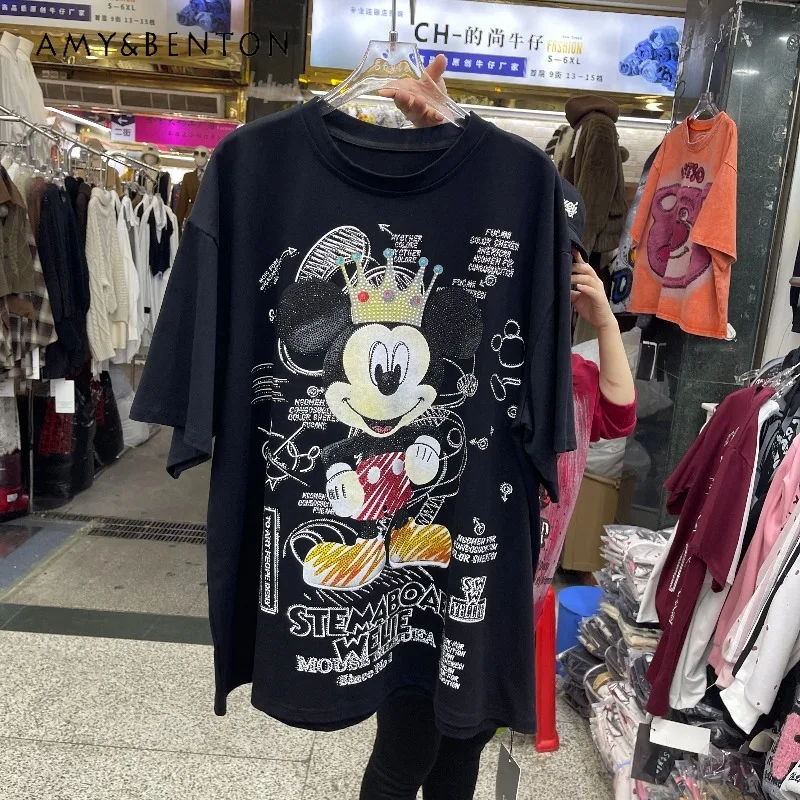 

Kawaii Clothes Tees Heavy Industry Full Diamond Cartoon Youthful Fashion Trend Loose Short Sleeves Tshirts Autumn Winter New Top