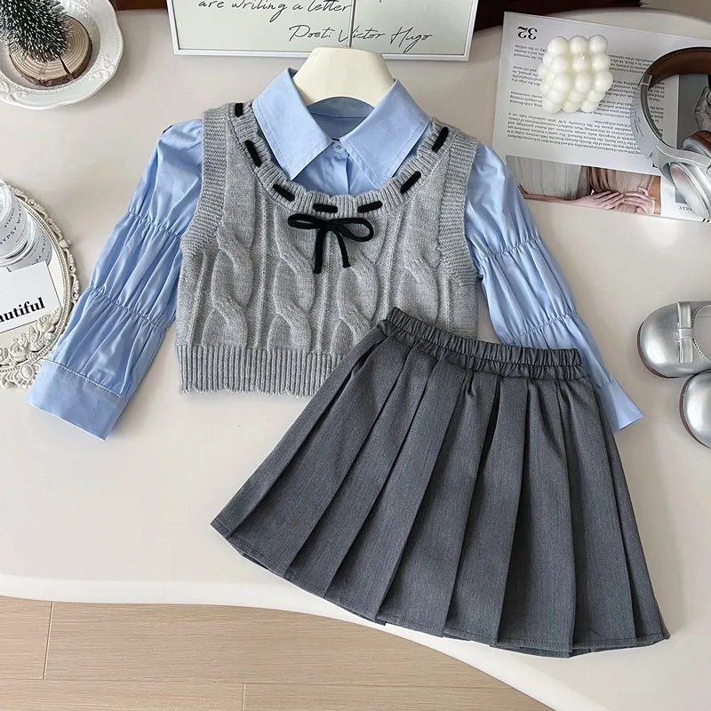 

Girls' Preppy Style Three-Piece Set Spring and Autumn2024New Children's Western Style Fashion Vest Shirt Pleated Skirt Suit