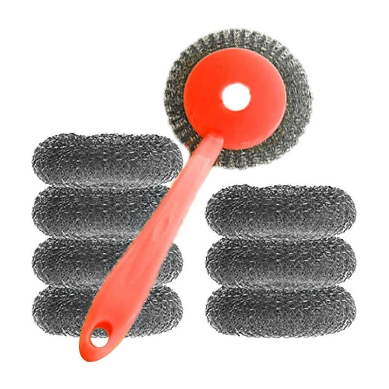 

Stainless Steel Sponges Scourer Set With Handle Pack Of 8,For Cookware,Pot Brush,Stovetops,Removing Tough Dirt