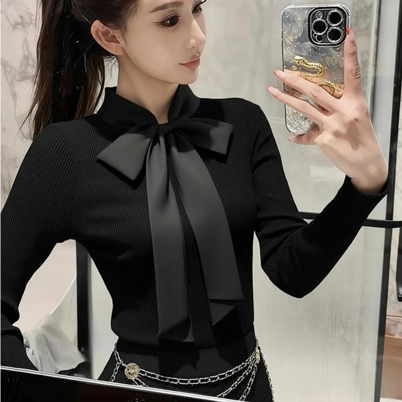 

Bow Lacing Slim Temperament T Shirts Women Clothing New Long Sleeve Solid Simplicity Korean Tops Fashion Elegant Spring Autumn