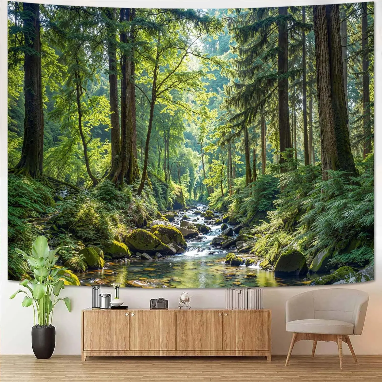 Heavenly Forest Stream Wandteppich, grüner Baum, Fluss, Naturdruck, großer Wandbehang für Schlafzimmer, Wohnzimmer, ästhetische Heimdekoration – Detail 2