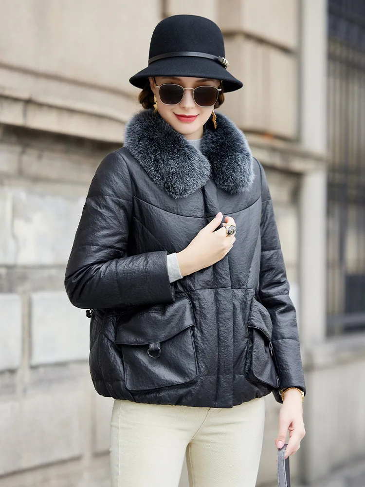 

2024 Winter New Haining Fox Collar genuine leather down jacket for women's short sheepskin jacket, fashionable and youthful