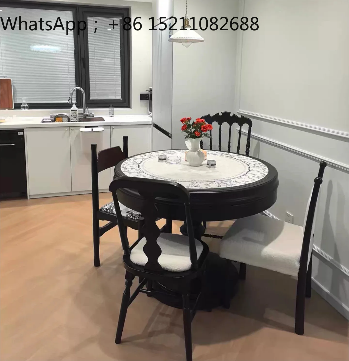 SCY small apartment round telescopic rotating dining table with turntable household variable diameter dining table