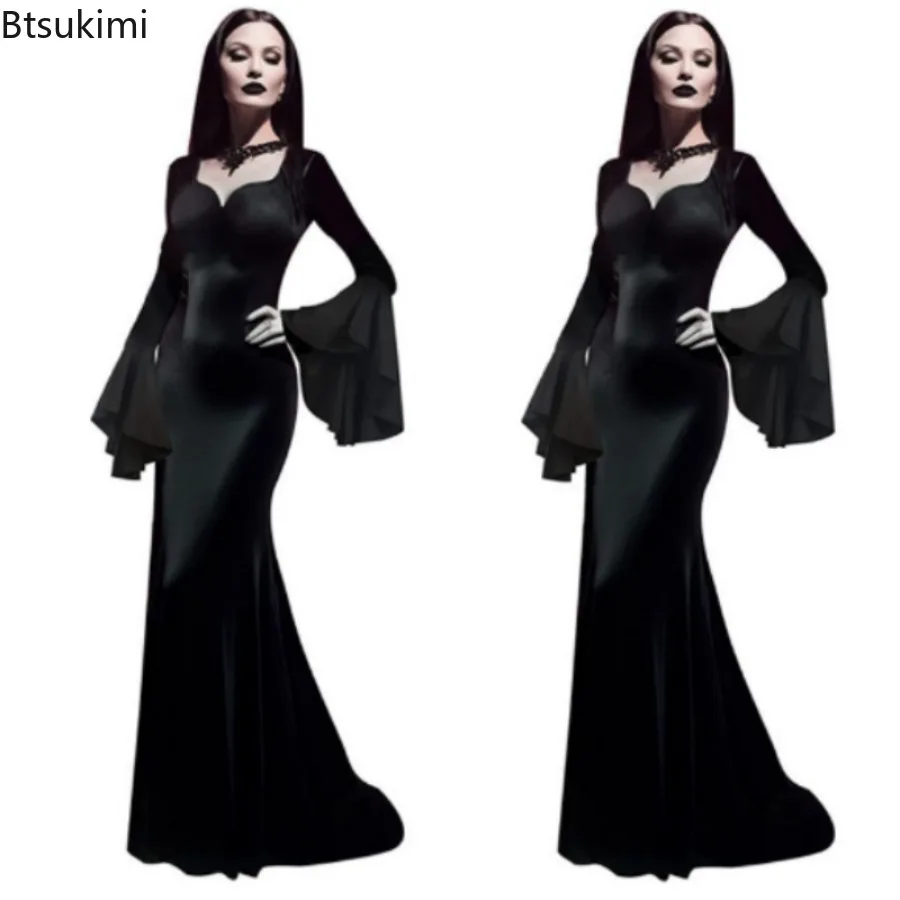 2026 Herbst/Winter Halloween Neues Elegantes Schwarzes Retro Gothic Teufel-Langkleid für Damen Halloween Cosplay Party Performance Kostüm