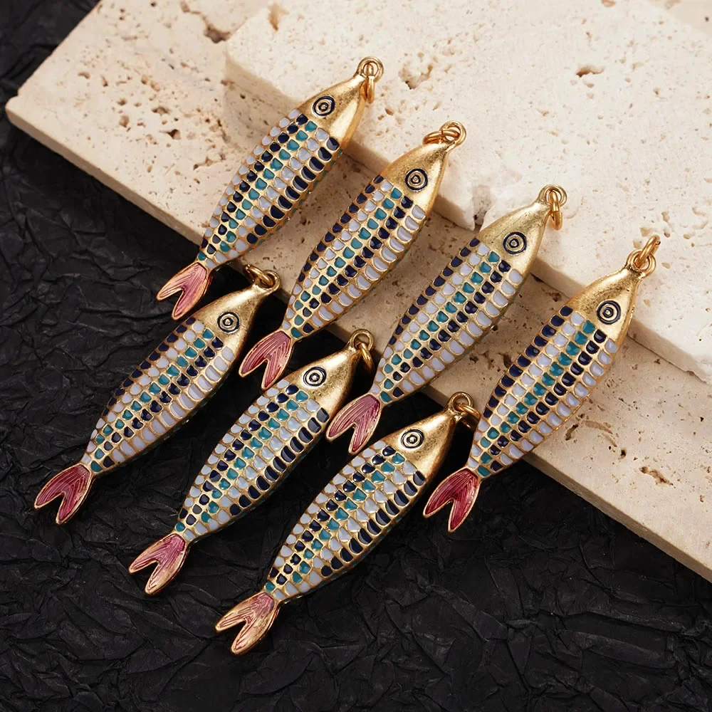 7 Pieces DIY Blue Fish Enamel Charms Epoxy Mackerel Pendant Key Chain Pendant Hand-painted Enamel Jewelry Making Accessories