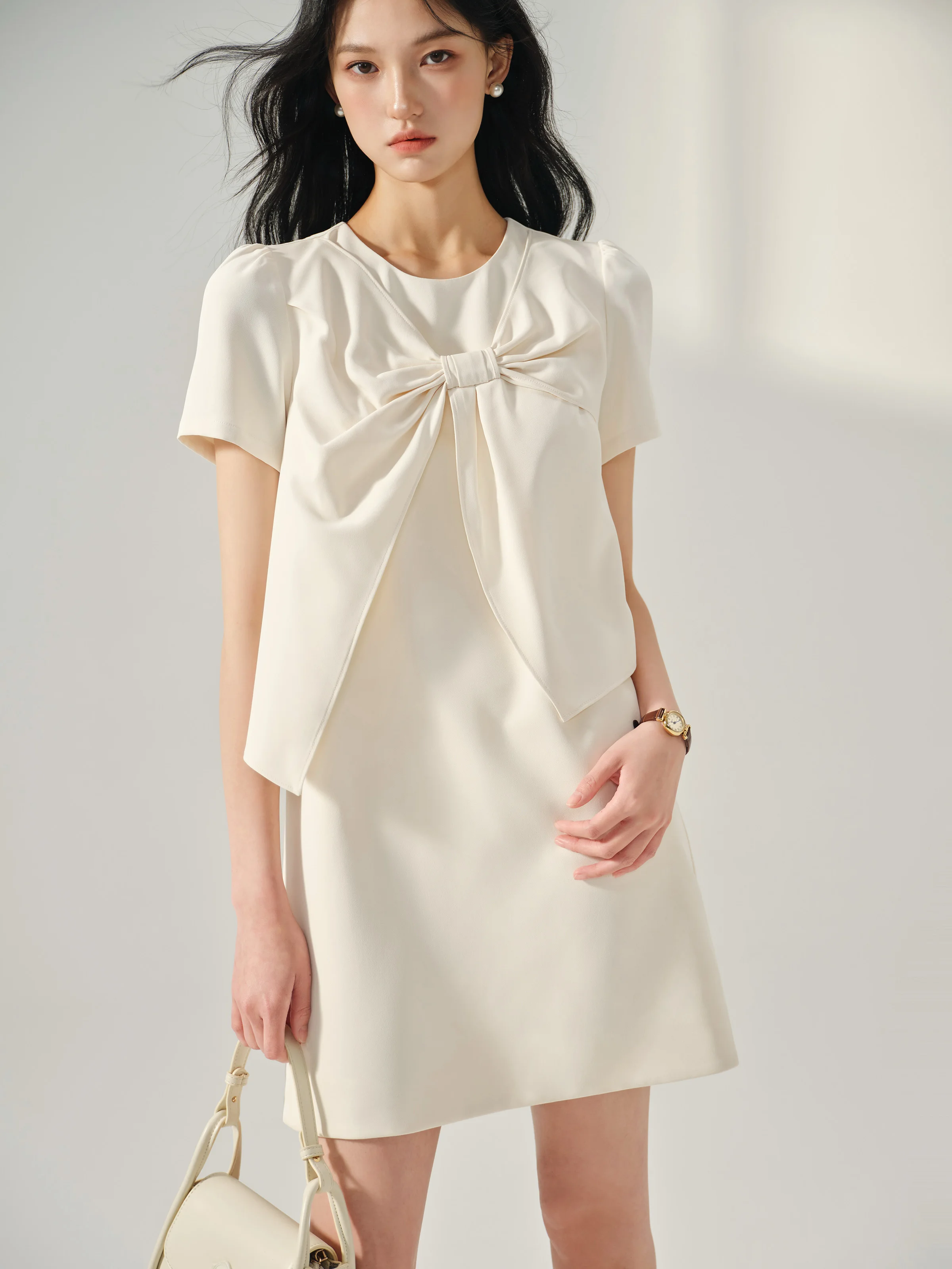 Doce arco vestido de manga curta feminino verão falso de duas peças a linha mini vestido elegante estilo coreano roupa diária ou data olhar