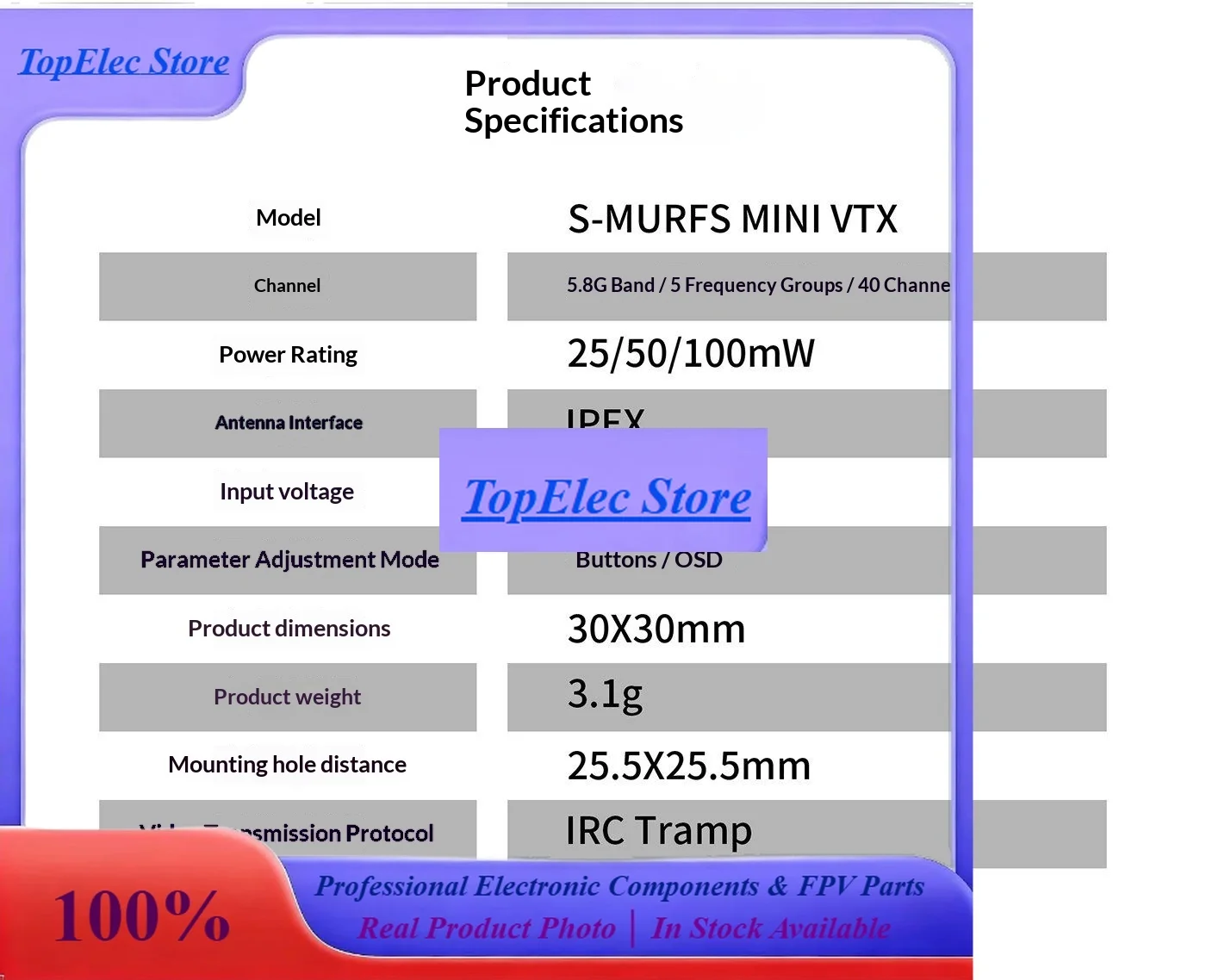TopsAxisflying Smurf Mini 5.8G Analog VTX 100mW 0.1W FPV Video Transmitter Tiny Whoop Mini Quad VTX Module