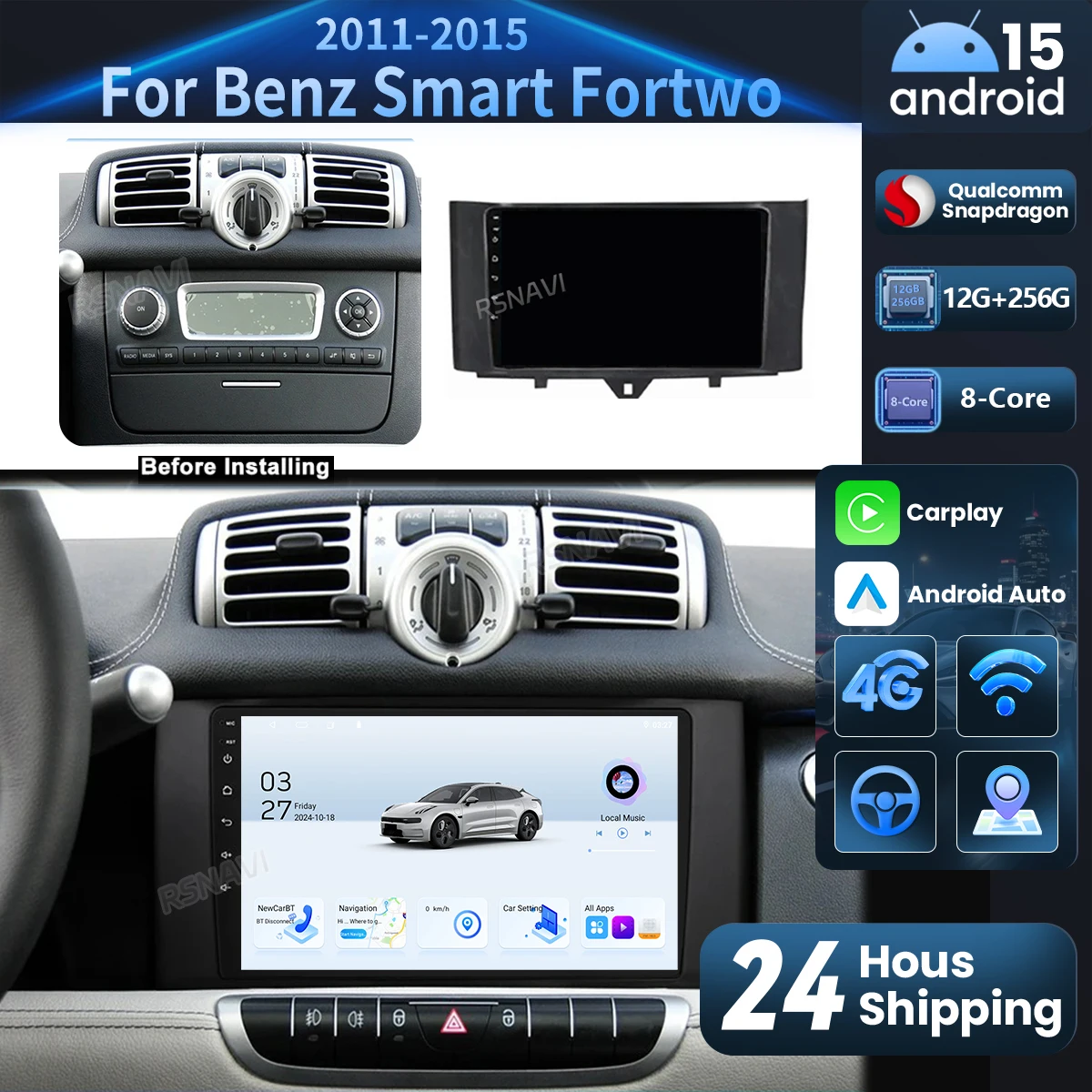 Qualcomm Snapdragon Android 15 Carplay Auto Car Radio Multimedia Video Player For Mercedes Benz Smart Fortwo 2010 - 2015  Stereo