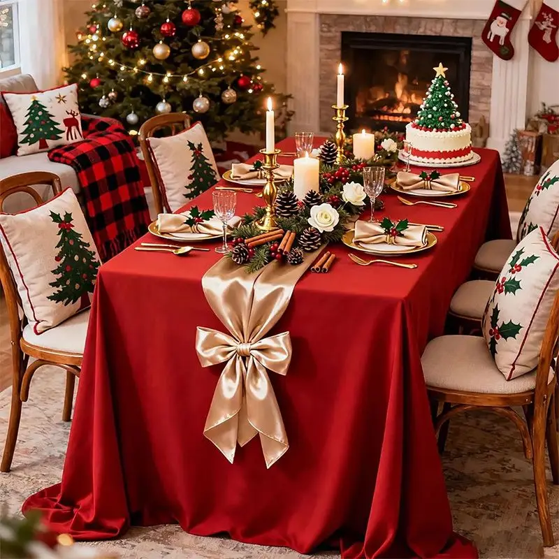 2026 New Christmas Green Rectangular Tablecloth – Premium Waterproof Stain-Resistant Long Table Cover for Festive Atmosphere