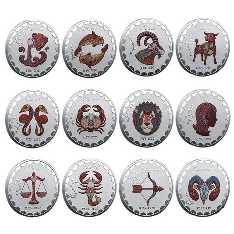 12PCS Luxury 12 Zodiacs medallion Silver plated 12 full set Constellation commemorative coins lucky coins