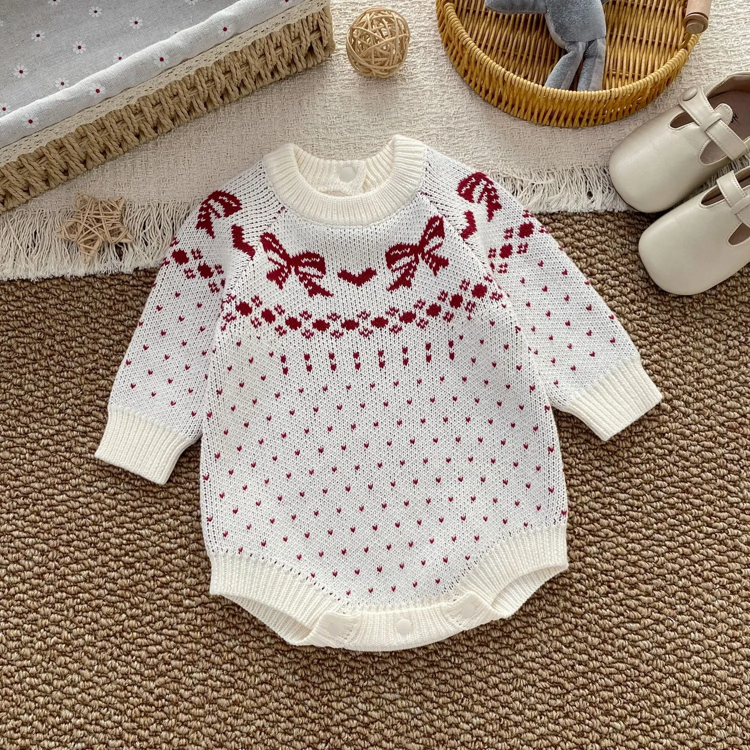 0-24M 100% Cotton Baby Girl Knit Romper Newborn Winter Clothes Long Sleeve Xmas Sweater Bodysuit Cute Outfit