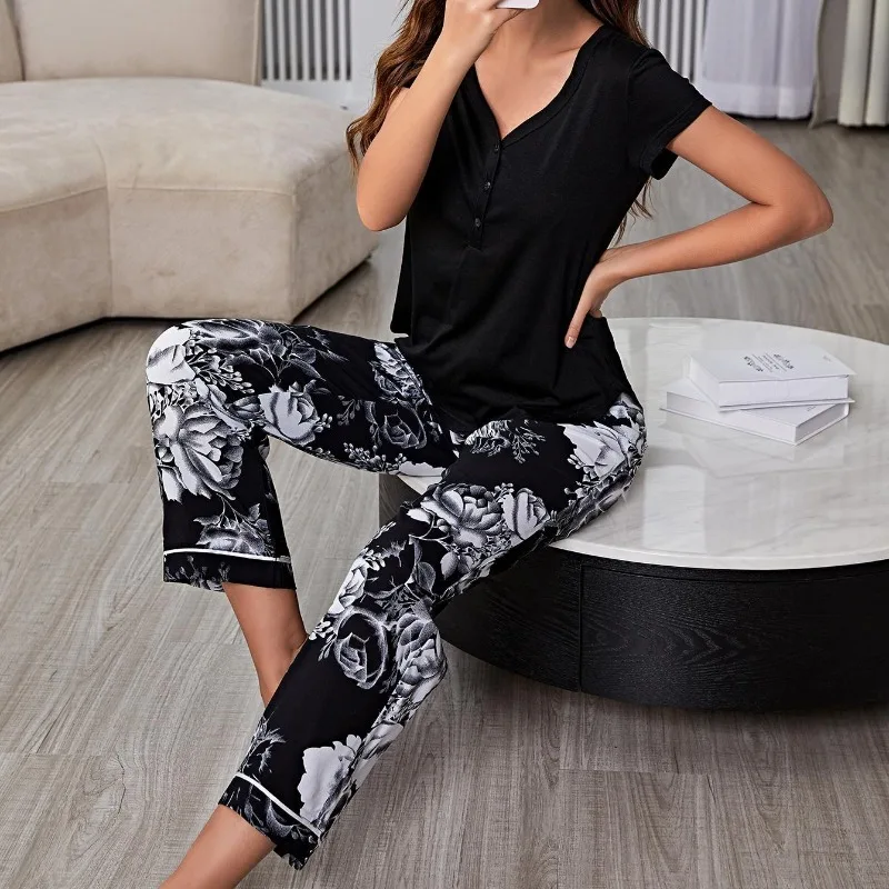 Women's Loungewear Set Cloud Weight Short Sleeve Top Lounge Pants Breathable Layerable Sleepwear for Spring Fall Climate Shifts