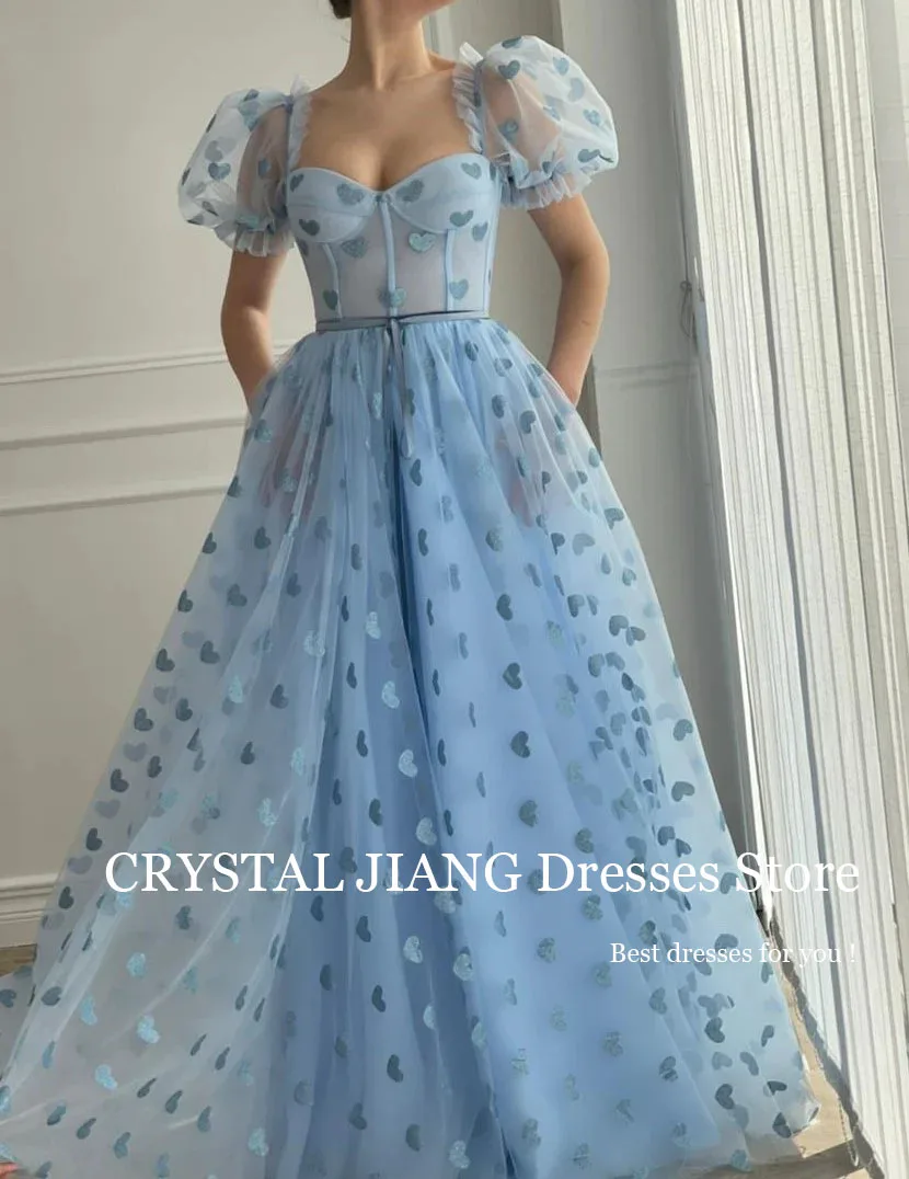 Long Blue Prom Dresses Square Collar Short Puffy Sleeves with Printed Heart A Line Floor Length  프롬드레스