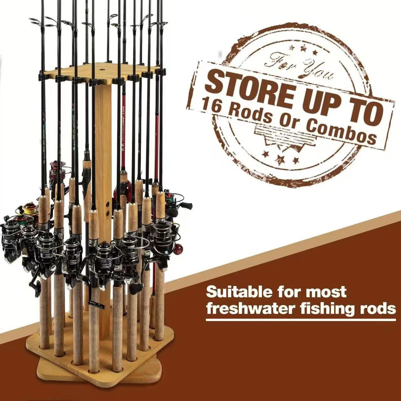 حامل قضيب صيد خشبي قابل للدوران عموديًا مكون من 16 مقعدًا