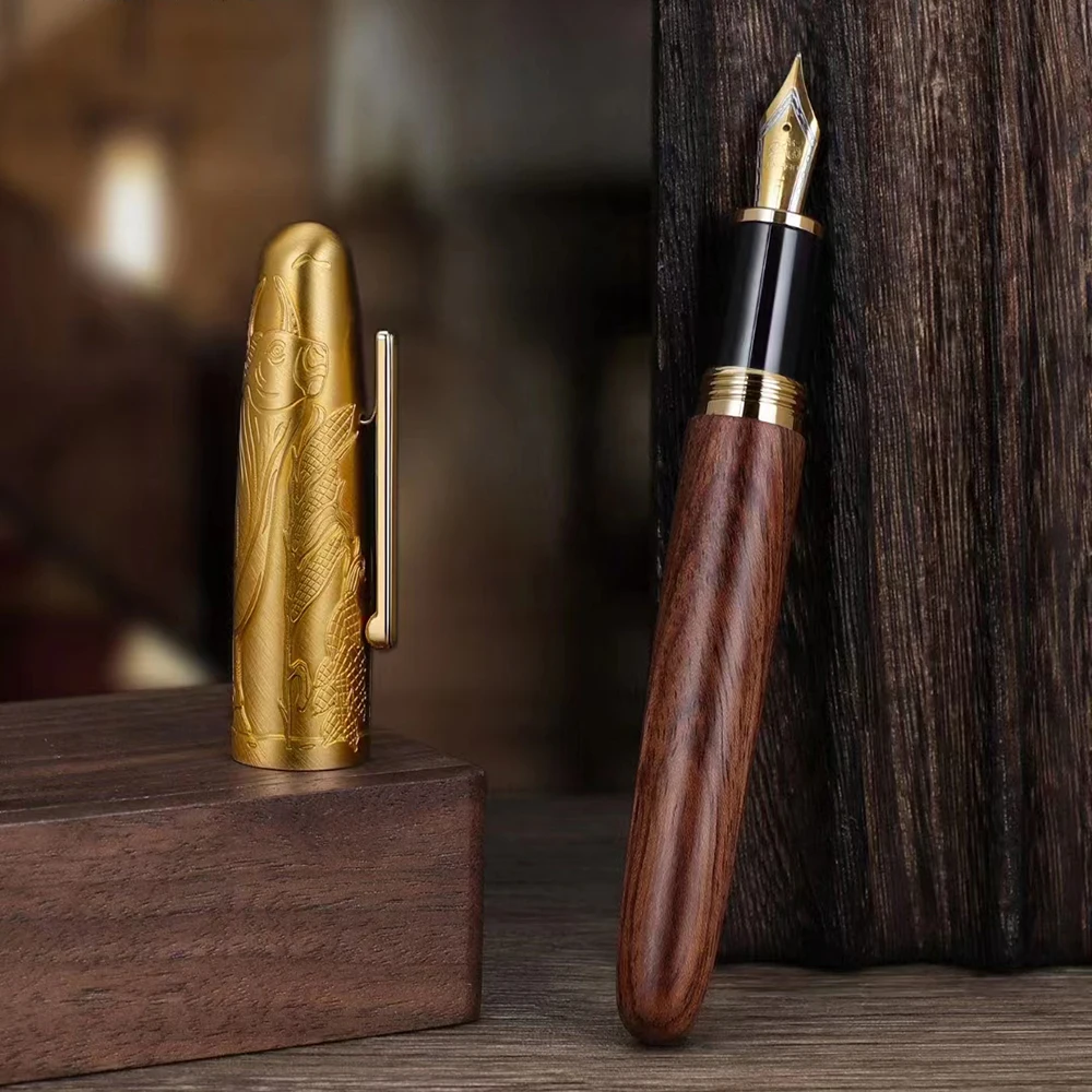 Jinhao 9056A Bull Embossed Fountain Pen EF/F/M Nib, Handmade Wooden and Metal Writing Office Pen