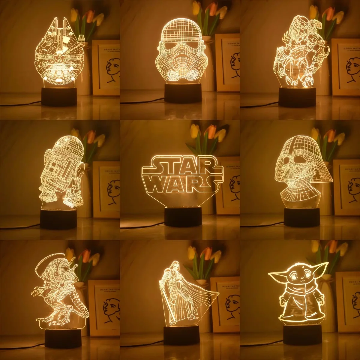 Lámpara 3D de Disney Yoda Baby Night Light, lámpara de mesa de Star Wars, figuras de acción, juguetes Blanco cálido, regalo de cumpleaños y Navidad, juguetes para niños