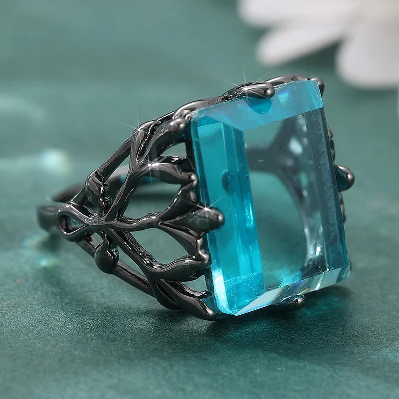 Vintage-Ring für Damen mit eingelegtem meerblauem CZ, ethnisch, schwarz, handgeschnitzt, hohl, für den Alltag, Party-Schmuck, Jubiläumsgeschenk – Detail 3
