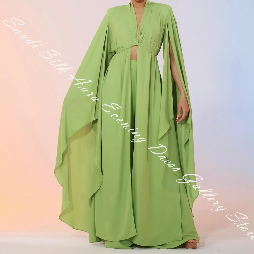 Chiffon Long Sleeves V-Neck Flare sleeves Floor Length A-Line Evening Dress High Quality Solid Color Bespoke Occasion Gowns