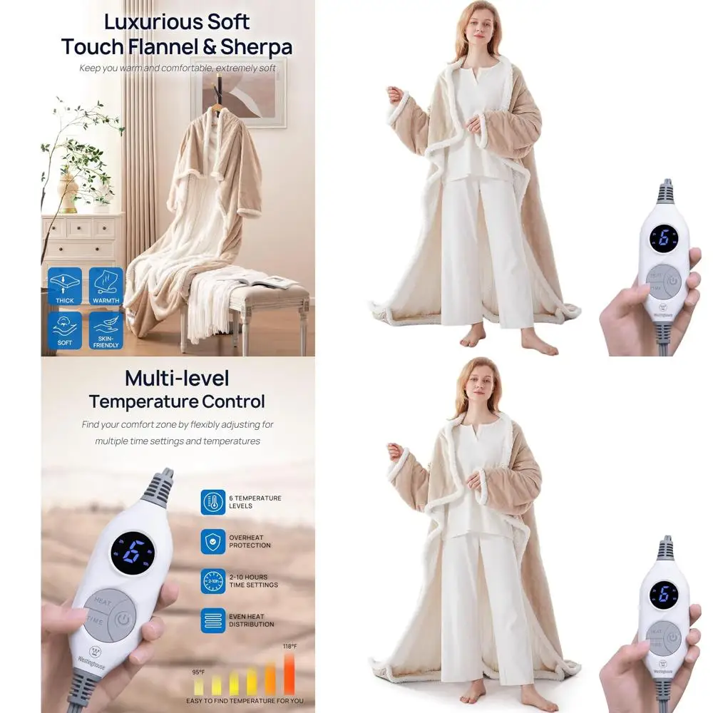 

Heated Wearable Blanket with Foot Pocket, 6 Temperature Settings, 2-10 Hours Timer, 50x70+18, Beige