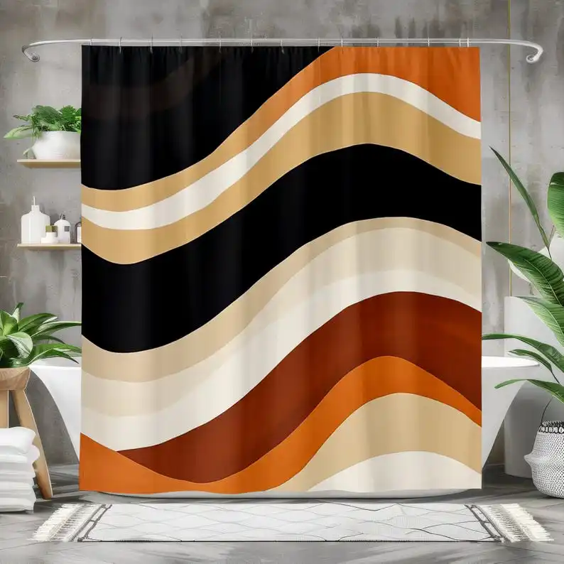 

Abstract Wave Pattern Shower Curtain Modern Bathroom Decor Boho Style Black Orange Beige Geometric Design Water Resistant Fabric