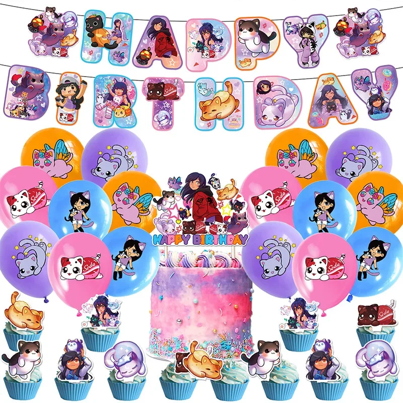 Cartoon Aphmau Plushies Theme DIY Balloons Party Supplies Birthday Banner Latex Balloon Decoration Cake Supplies Kid Girl gift