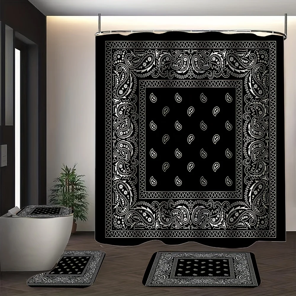 Paisley Printed Shower Curtain Set Bathroom Decor Set Including Waterproof Shower Curtain Non-Slip Rug Toilet Cover Mat