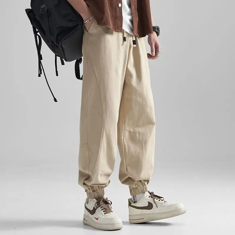 Pantalones Cargo de algodón para hombre, pantalón holgado de Color sólido con bolsillos y cordón en la cintura, informal, a la moda