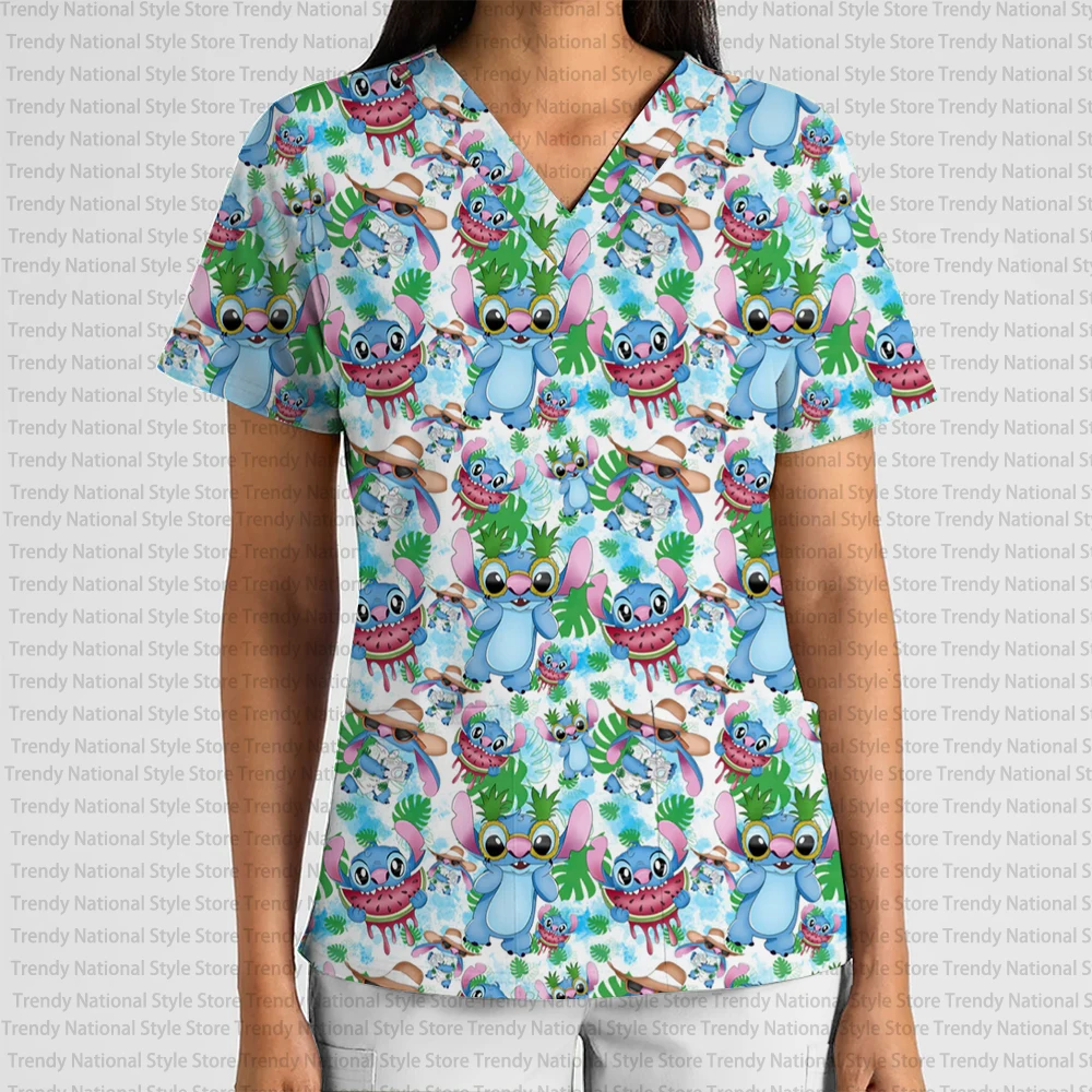 New Summer Women's High Quality Disney Stitch Cartoon Print V-Neck Frosted Top Dental Pet Shop Versatile Breathable T-shirt