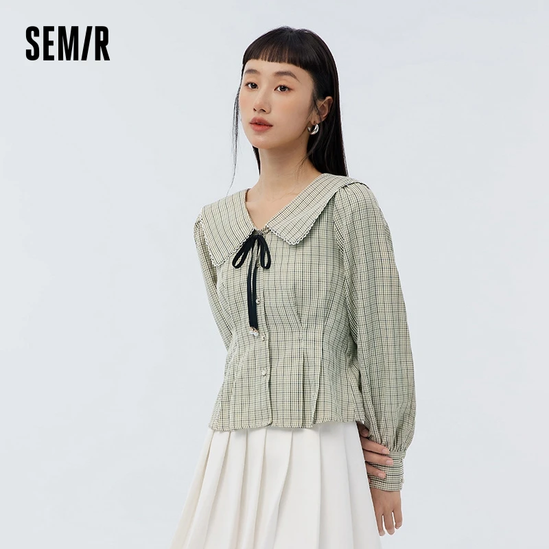 Semir Long-sleeved Shirt Women Short Large Lapel Retro 2023 Spring New Plaid Shirt