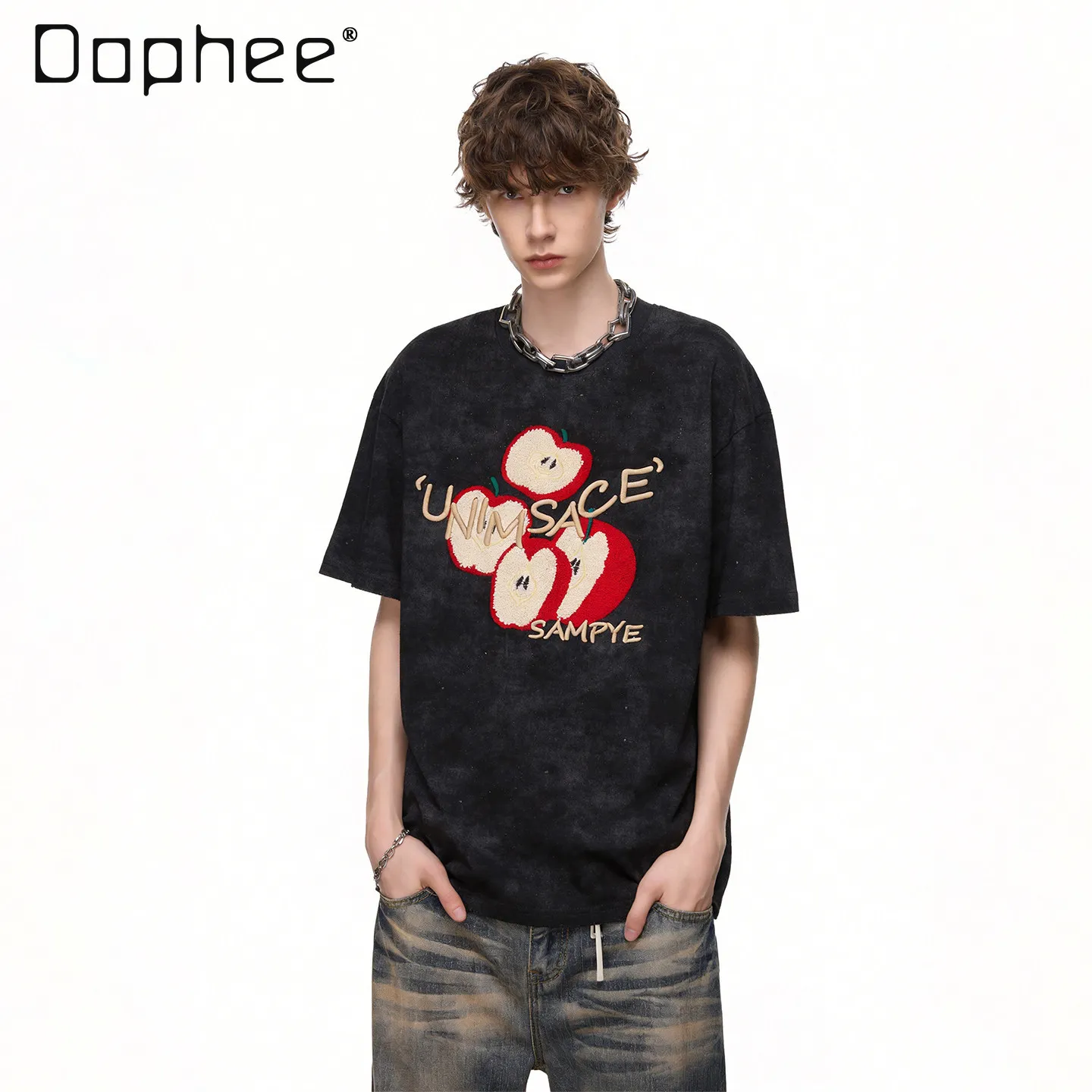 Summer New American Street Style Men's Apple Flocking  Rhinestone T-Shirt Loose Casual Round Neck Black Short Sleeve Tee