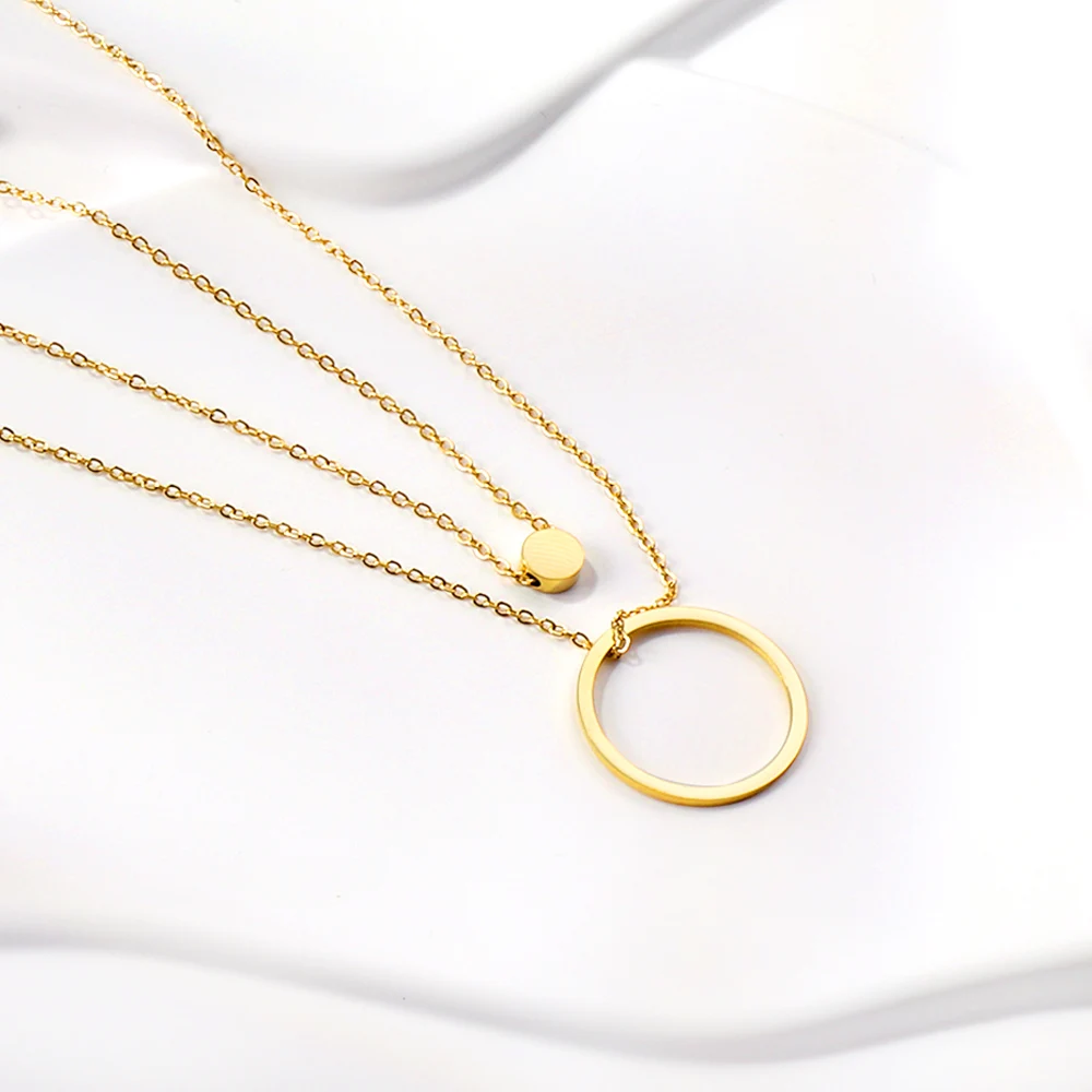 LUXUSTEEL سلسلة مزدوجة الطبقات كبيرة مجوفة دائرة مستديرة عملة قلادة قلادة للنساء مطلية بالذهب الفولاذ المقاوم للصدأ الكورية